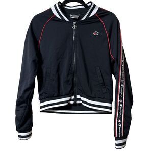 Champion Track Jacket Women's M  Black Stylish Full Zip Outline C Logo